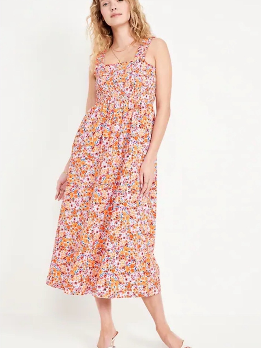 Floral Fit & Flare Pink & Orange Smocked Midi Sundress | XL